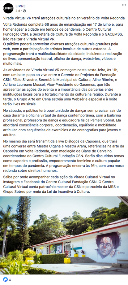 Virada Virtual VR terá atrações culturais no aniversário de Volta Redonda