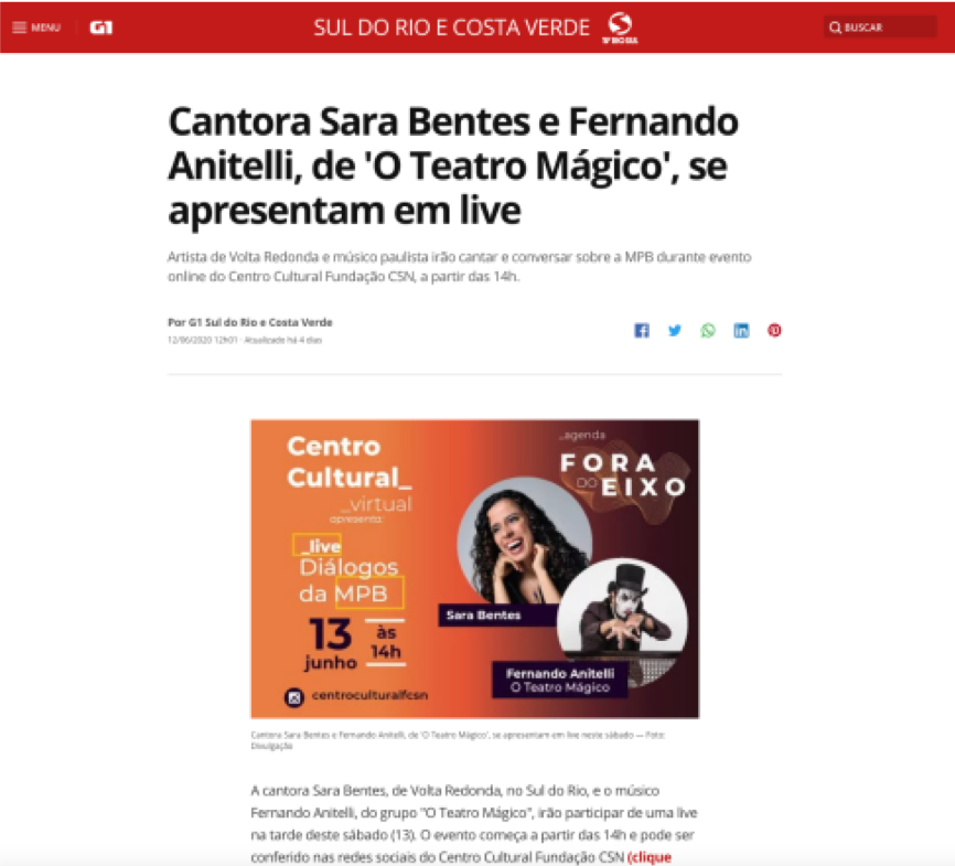 Cantora Sara Bentes e Fernando Anitelli, de ‘O Teatro Mágico’, se apresentam em live