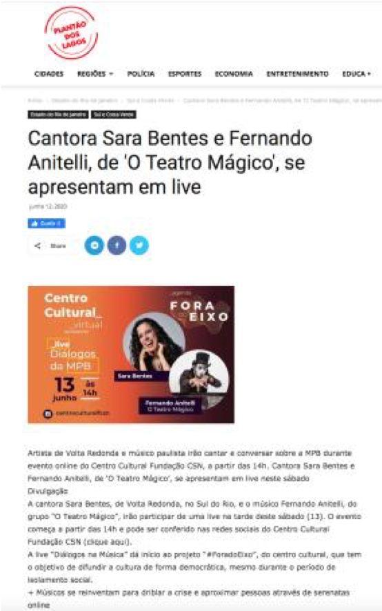 Cantora Sara Bentes e Fernando Anitelli, de ‘O Teatro Mágico’, se apresentam em live