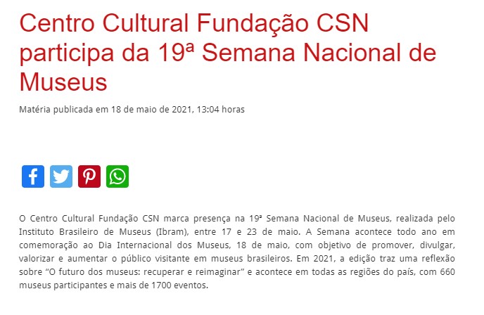 Centro Cultural Fundação CSN participa da 19ª Semana Nacional de Museus