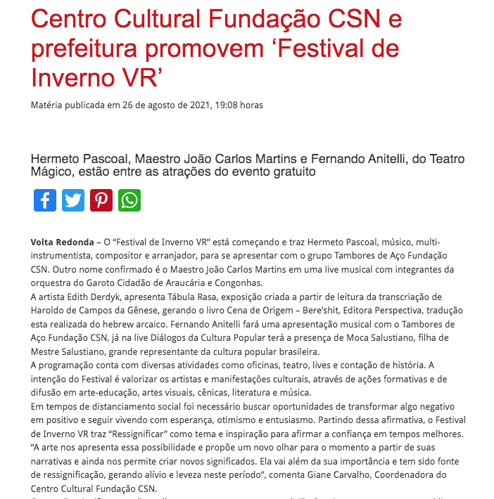 Centro Cultural Fundação CSN e prefeitura promovem ‘Festival de Inverno VR’