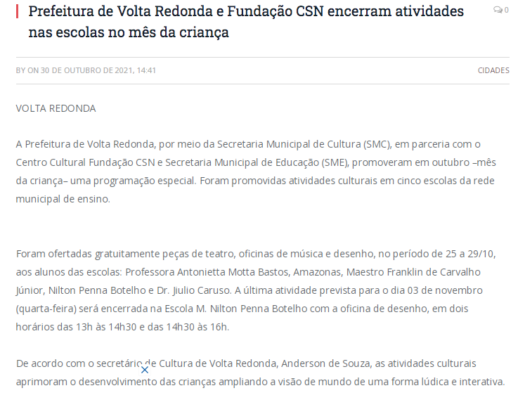 Prefeitura de Volta Redonda e Fundação CSN encerram atividades nas escolas no mês da criança