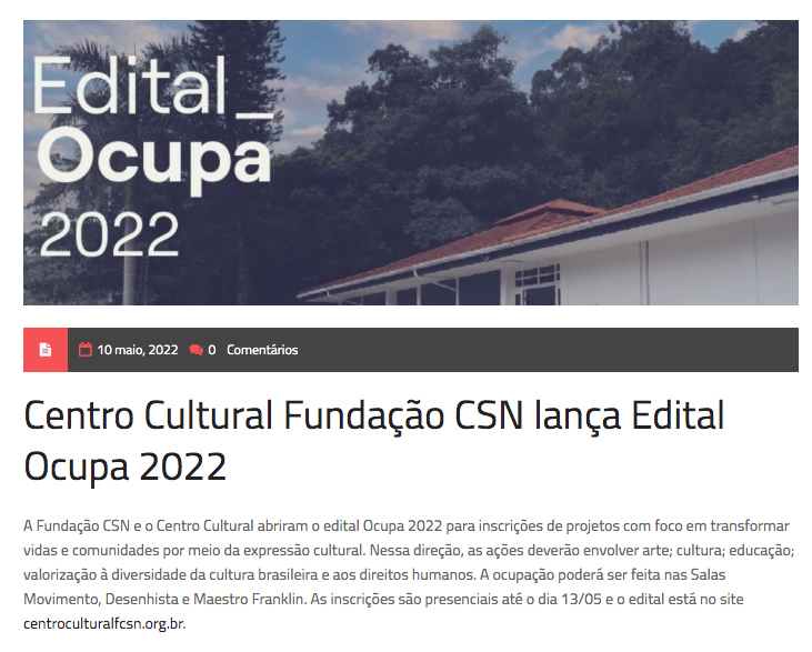 Centro Cultural Fundação CSN lança Edital Ocupa 2022