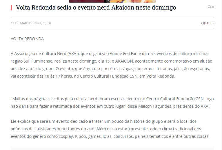 Volta Redonda sedia o evento nerd Akaicon neste domingo
