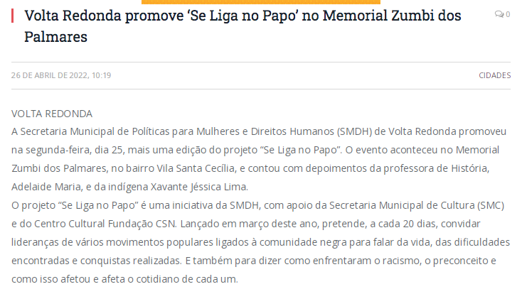 Volta Redonda promove ‘Se Liga no Papo’ no Memorial Zumbi dos Palmares
